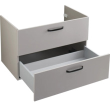Waschbeckenunterschrank mit zwei Laden und schwarzen Griffen in Grau.