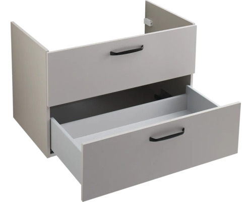 Waschbeckenunterschrank mit zwei Laden und schwarzen Griffen in Grau.
