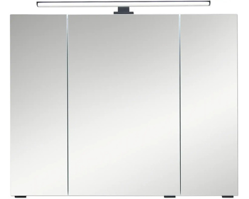 Spiegelschrank für das Badezimmer mit drei Türen und integrierter LED-Beleuchtung.