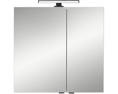 Spiegelschrank für das Badezimmer mit zwei Spiegeltüren und einer LED Aufsatzleuchte.
