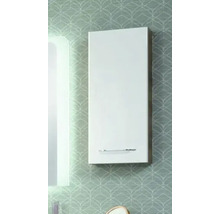 Vertikaler Badezimmer-Hängeschrank mit weißer Hochglanzfront und horizontalem Metallgriff.