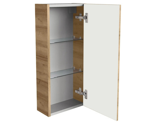 Hängeschrank für das Badezimmer in Eichenoptik mit weißer Tür und zwei Glaseinlegeböden.