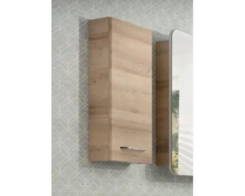 Badezimmer-Hängeschrank in Holzoptik mit silberfarbenem Griff.