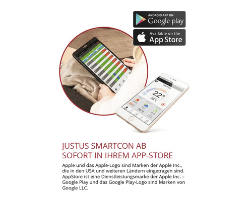 Justus Smartcon App zur Smart Home Steuerung auf Tablet und Smartphone. Google Play Logo und Apple App Store Logo.
