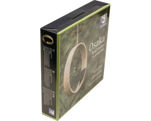 CJ Wildlife Osaka Saatgut-Futterstation für Gartenvögel, runde Futterstelle aus Bambus und Metallgewebe in Verkaufsverpackung.