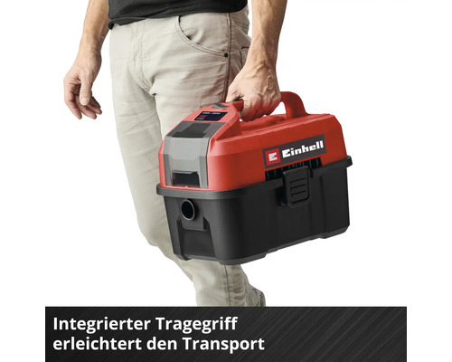 Einhell Akku-Staubsauger mit integriertem Tragegriff für einfachen Transport.