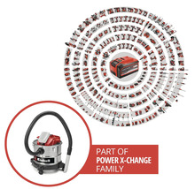 Einhell Nass-Trockensauger als Teil der Power X-Change Familie mit einer Übersicht kompatibler Werkzeuge und Akkus.