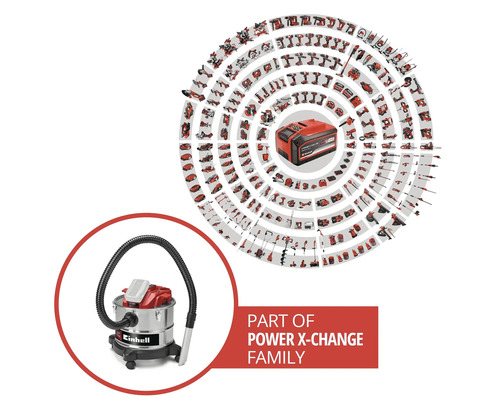 Einhell Nass-Trockensauger als Teil der Power X-Change Familie mit einer Übersicht kompatibler Werkzeuge und Akkus.