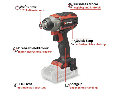 Einhell Akku-Schlagschrauber mit 1/2 Zoll Außenvierkant, bürstenlosem Motor, Drehzahlelektronik, Quick-Stop, LED-Licht und Softgrip.