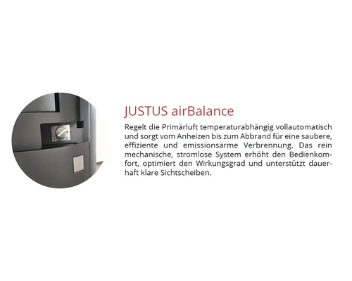 JUSTUS airBalance System zur automatischen, mechanischen Primärluftregelung an einem Kaminofen für effiziente Verbrennung.