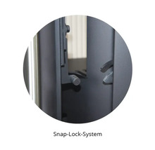 Snap-Lock-System Verschlussmechanismus einer Kaminofentür.
