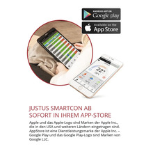 Justus Smartcon App zur Smart Home Steuerung auf Tablet und Smartphone. Google Play Logo und Apple App Store Logo.