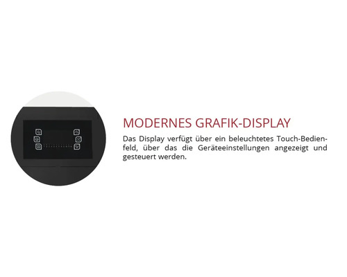 Modernes Grafikdisplay mit beleuchtetem Touch-Bedienfeld zur Anzeige und Steuerung der Geräteeinstellungen.