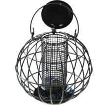 Futtersäule mit kugelförmigem Schutzkorb aus Metall für Wildvögel zum Aufhängen.
