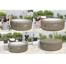 Vierteilige Bilderserie zum Aufbau eines aufblasbaren Lay-Z-Spa Whirlpools auf einer Terrasse, vom Aufpumpen über das Befüllen bis zur Abdeckung.