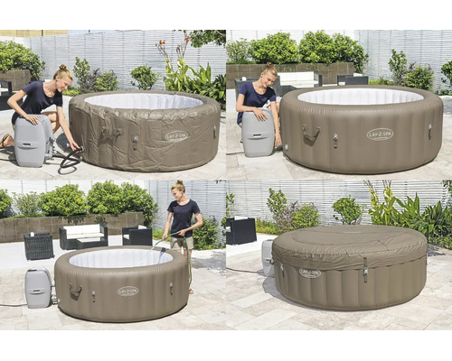 Vierteilige Bilderserie zum Aufbau eines aufblasbaren Lay-Z-Spa Whirlpools auf einer Terrasse, vom Aufpumpen über das Befüllen bis zur Abdeckung.