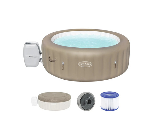 Aufblasbarer Whirlpool Lay-Z-Spa Palm Springs mit Pumpe, Abdeckung, ChemConnect Chemikaliendosierer und Filterkartusche.