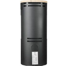 Rückansicht eines zylindrischen Kaminofens aus schwarzem Metall mit Lüftungsschlitzen und einem Produktetikett.