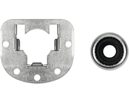 Montageplatte aus Metall mit Aussparungen und eine separate Laufrolle für Schiebetüren.