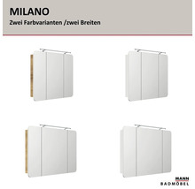 MANN BADMÖBEL Logo, Spiegelschränke der Serie MILANO in zwei Breiten und zwei Farbvarianten mit integrierter Beleuchtung.