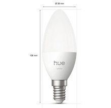 Philips Hue White E14 LED-Lampe in Kerzenform mit Maßen 106 Millimeter Höhe, 39 Millimeter Durchmesser und Philips Hue Logo.