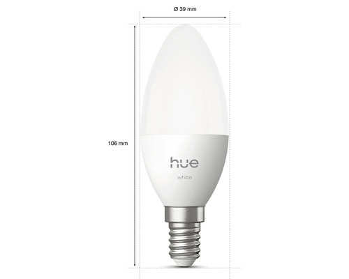 Philips Hue White E14 LED-Lampe in Kerzenform mit Maßen 106 Millimeter Höhe, 39 Millimeter Durchmesser und Philips Hue Logo.