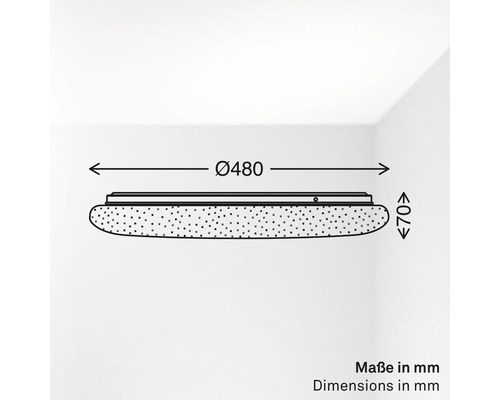 Maßzeichnung einer runden Deckenleuchte mit einem Durchmesser von 480 Millimetern und einer Höhe von 70 Millimetern.
