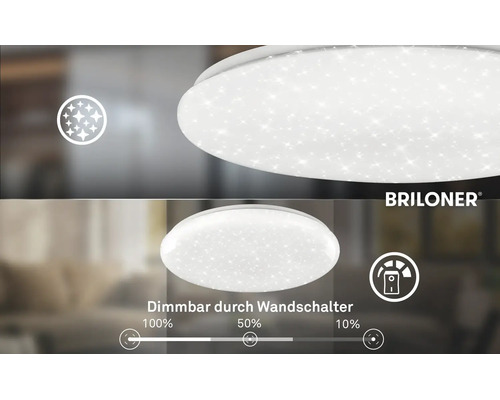 Briloner LED-Deckenleuchte mit Sternenhimmel-Effekt, über Wandschalter dimmbar in Stufen 100 Prozent, 50 Prozent und 10 Prozent. Briloner Logo.