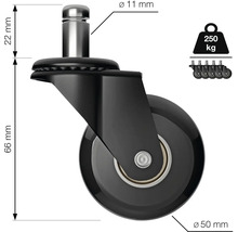 Bürostuhlrolle mit 50 Millimeter Durchmesser, 11 Millimeter Stift, 250 Kilogramm Tragkraft, 5er Set.