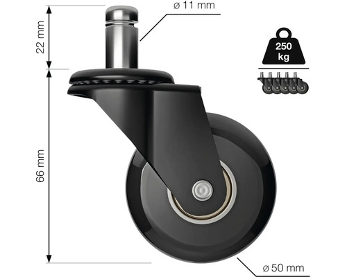Bürostuhlrolle mit 50 Millimeter Durchmesser, 11 Millimeter Stift, 250 Kilogramm Tragkraft, 5er Set.
