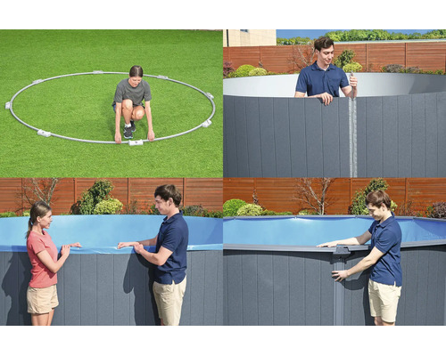 Montage eines runden Gartenpools in vier Schritten: Bodenring auslegen, graue Wand aufstellen, blaue Folie einhängen und Handlauf montieren.