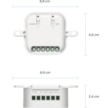 Unterputz-Funkempfänger für Smart Home mit den Maßen 6,9 Zentimeter Breite, 5,0 Zentimeter Höhe und 2,4 Zentimeter Tiefe.