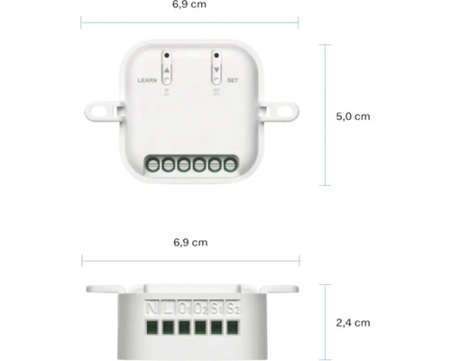 Unterputz-Funkempfänger für Smart Home mit den Maßen 6,9 Zentimeter Breite, 5,0 Zentimeter Höhe und 2,4 Zentimeter Tiefe.
