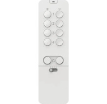 Weiße Fernbedienung für Smart Home Systeme mit runden Tasten eins bis vier, Ein- und Aus-Funktion, Gruppentaste und Schiebeschalter.