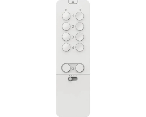 Weiße Fernbedienung für Smart Home Systeme mit runden Tasten eins bis vier, Ein- und Aus-Funktion, Gruppentaste und Schiebeschalter.