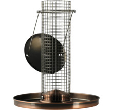 Vogelfutterstation aus Metallgeflecht mit kupferfarbenem Boden und Deckel zum Aufhängen.
