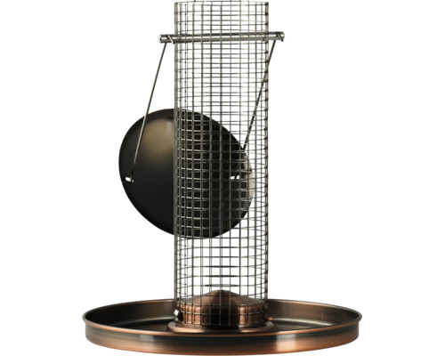 Vogelfutterstation aus Metallgeflecht mit kupferfarbenem Boden und Deckel zum Aufhängen.