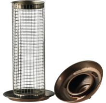 Bronzefarbene Vogelfutterstation aus Metallgeflecht mit Auffangschale und abnehmbarem Deckel.