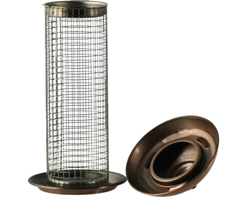 Bronzefarbene Vogelfutterstation aus Metallgeflecht mit Auffangschale und abnehmbarem Deckel.