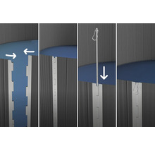 Vierstufige Montageanleitung für die Verbindung von Wandelementen mittels Metallstab und Stecksystem.