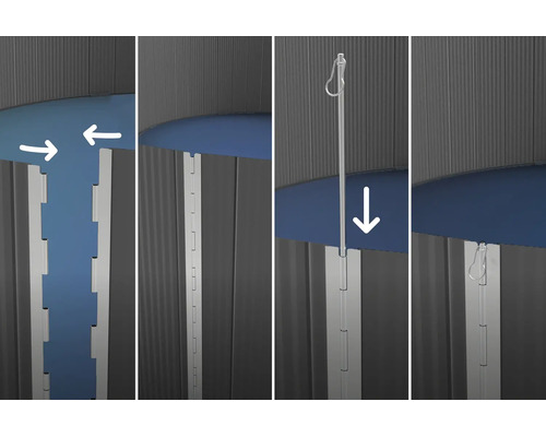 Vierstufige Montageanleitung für die Verbindung von Wandelementen mittels Metallstab und Stecksystem.
