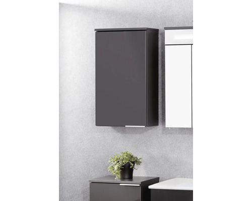 Wandhängender Badezimmerschrank in Anthrazit, minimalistisches Design mit schmalem Griff, montiert an einer Wand.