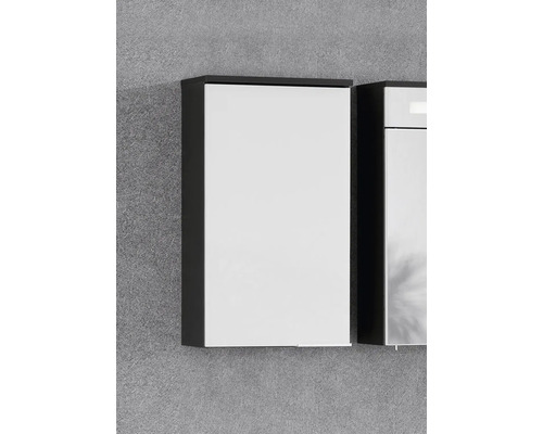 Moderner Bad-Seitenschrank zur Wandmontage mit weißer Front und dunklem Korpus.