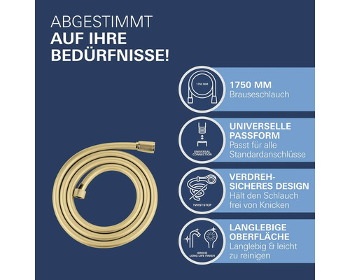 Spiralförmiger Brauseschlauch mit Symbolen für 1750 Millimeter Länge, Universalanschluss, verdrehsicheres Design und Grohe Logo.