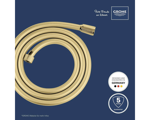 Grohe Brauseschlauch, aufgerollt, mit Anschlüssen, 5 Jahre Garantie, entwickelt und konstruiert in Deutschland. Grohe Logo.