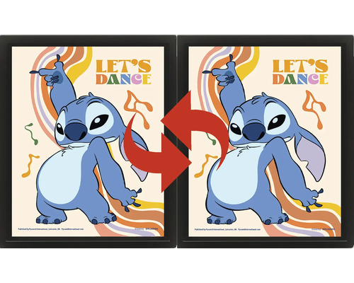 Dreidimensionales Lentikularbild im schwarzen Rahmen mit tanzendem Disney-Charakter Stitch, Schriftzug Let s Dance und Retro-Elementen.
