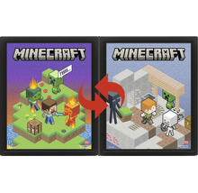 Minecraft Bilderrahmen Set mit zwei schwarzen Rahmen und Wendeposter-Motiven von Steve, Alex und weiteren Spielecharakteren.