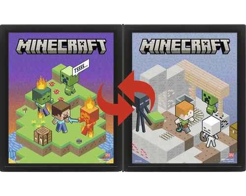 Minecraft Bilderrahmen Set mit zwei schwarzen Rahmen und Wendeposter-Motiven von Steve, Alex und weiteren Spielecharakteren.