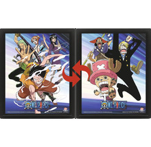 One Piece Lentikular-Poster im schwarzen Rahmen mit Wechseleffekt, zeigt verschiedene Charaktere und das One Piece Logo.