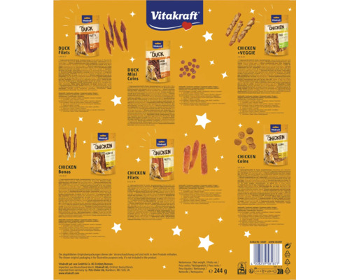 Informationsblatt für Vitakraft Hundesnacks mit Ente und Hähnchen, Inhaltsstoffen, Nährwertangaben, Vitakraft Logo und Qualitätssiegel.